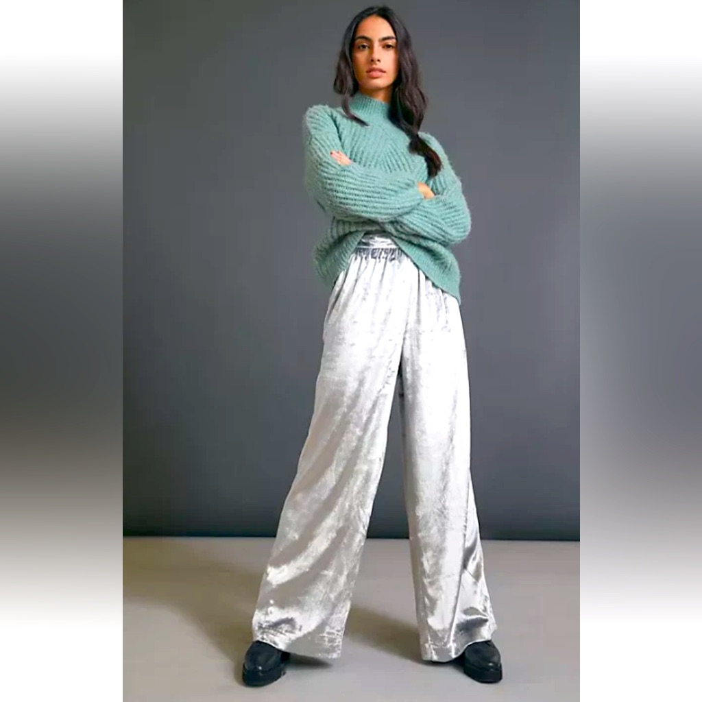 Maeve By Anthropologie Velvet Wide Leg Pant Silver Gray Size S